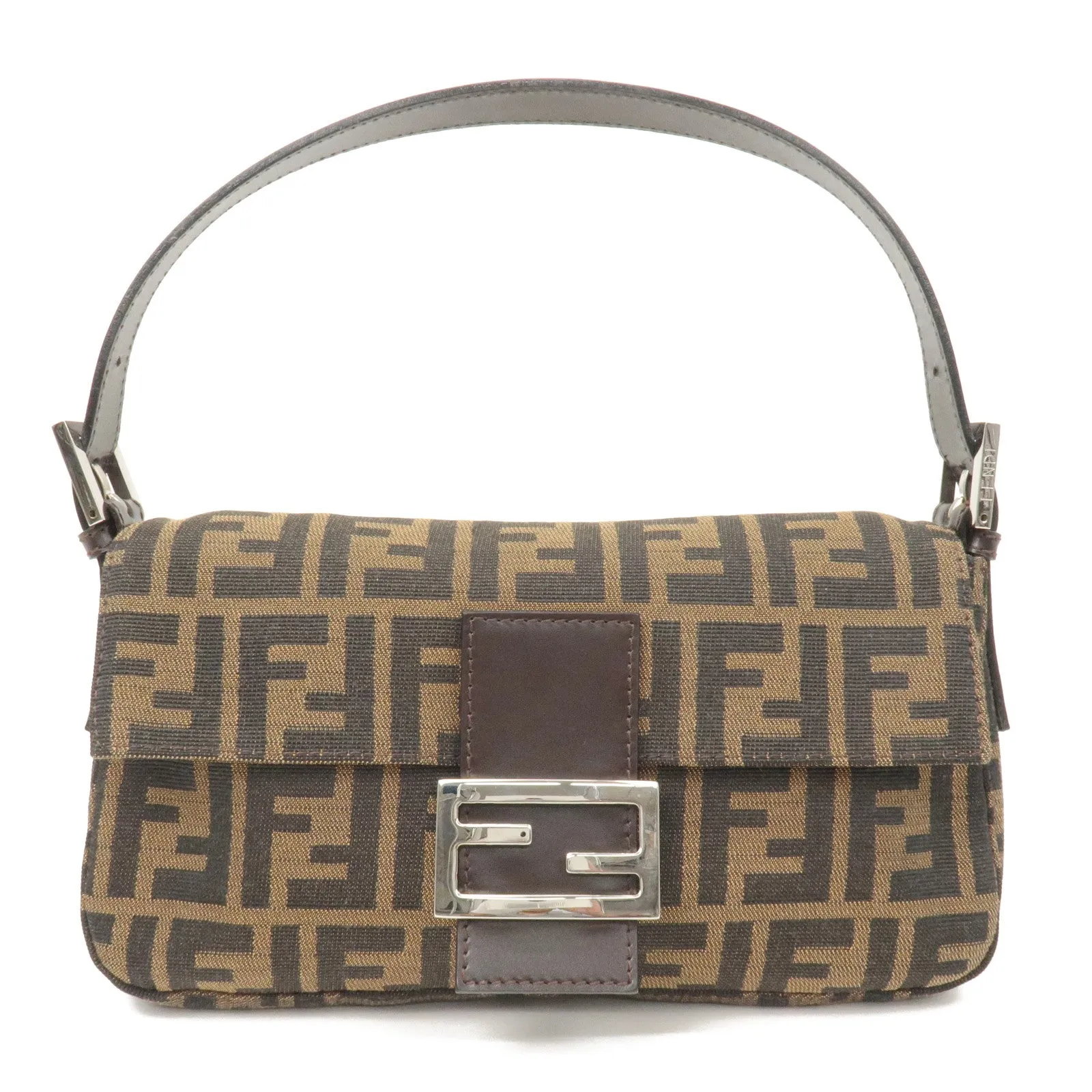 FENDI Mamma Baguette Zucca Canvas Leather Shoulder Bag Brown 26424