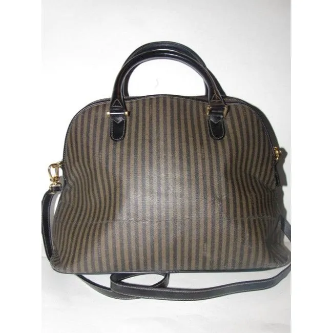 Fendi Xl Canvasleather Domed Top Two Way Brownblack Thin Stripe Print Leather And Coated Canvas Satc