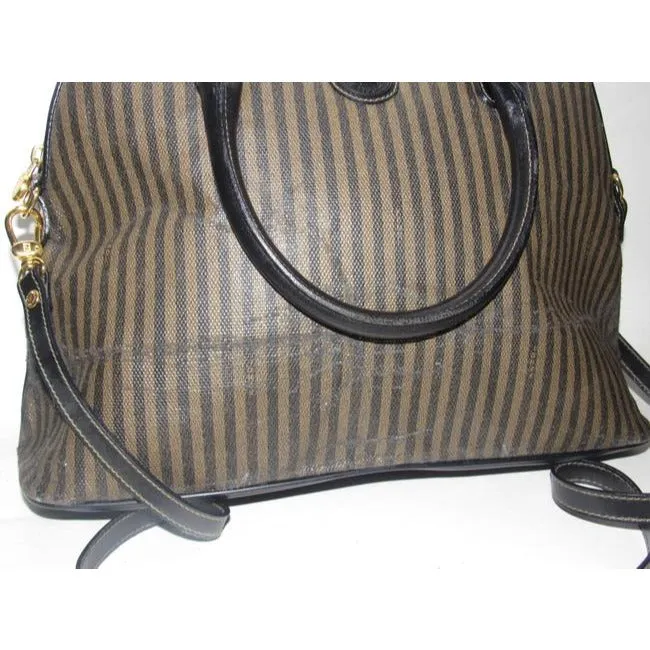 Fendi Xl Canvasleather Domed Top Two Way Brownblack Thin Stripe Print Leather And Coated Canvas Satc