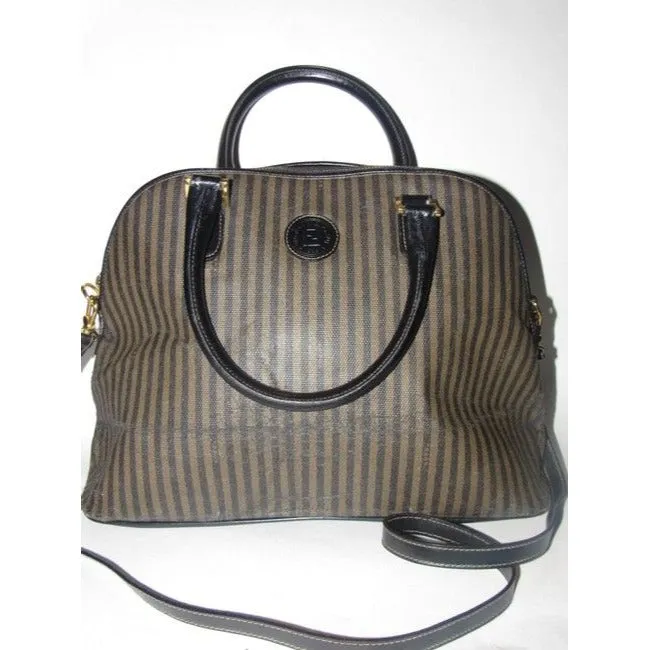 Fendi Xl Canvasleather Domed Top Two Way Brownblack Thin Stripe Print Leather And Coated Canvas Satc