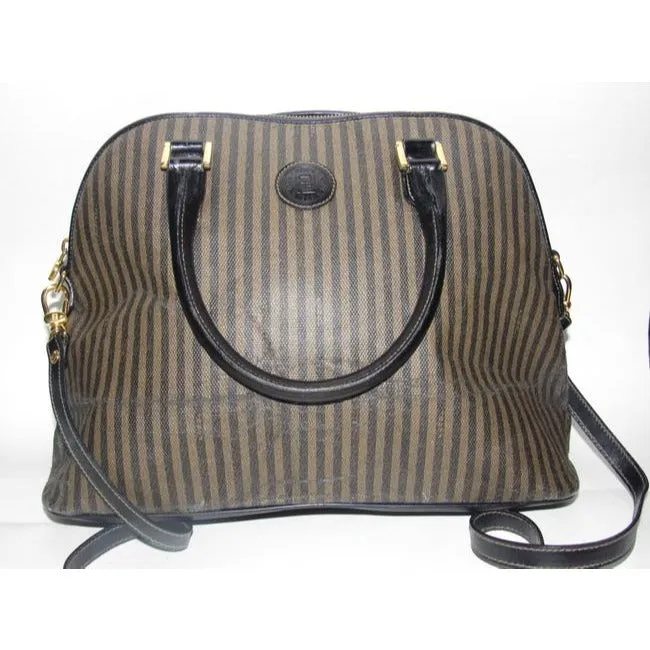 Fendi Xl Canvasleather Domed Top Two Way Brownblack Thin Stripe Print Leather And Coated Canvas Satc