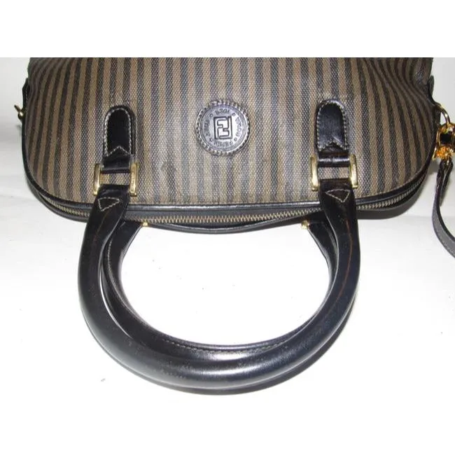 Fendi Xl Canvasleather Domed Top Two Way Brownblack Thin Stripe Print Leather And Coated Canvas Satc