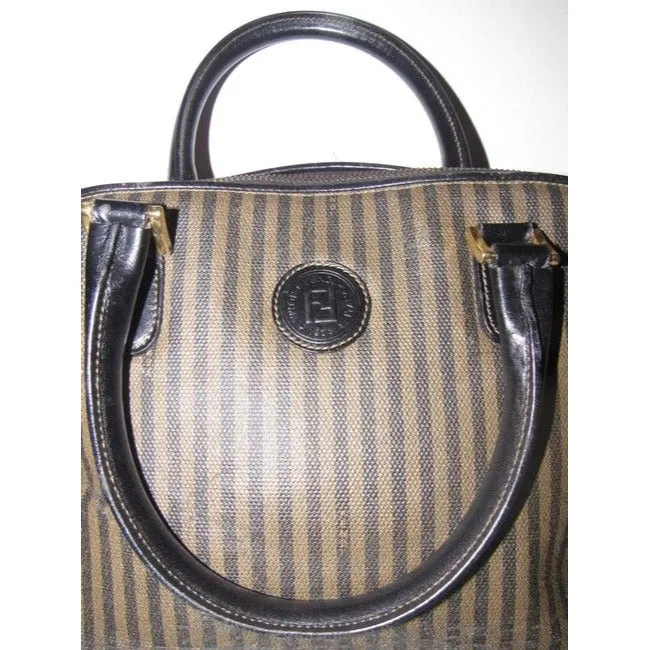 Fendi Xl Canvasleather Domed Top Two Way Brownblack Thin Stripe Print Leather And Coated Canvas Satc