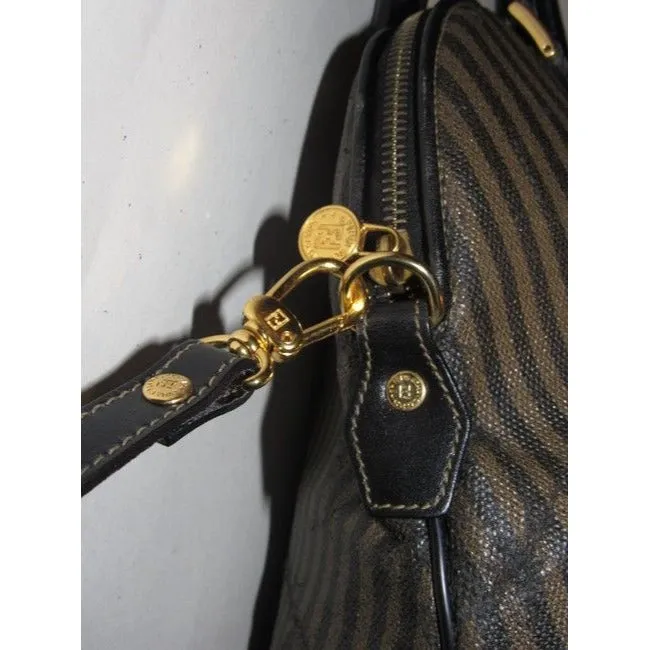 Fendi Xl Canvasleather Domed Top Two Way Brownblack Thin Stripe Print Leather And Coated Canvas Satc