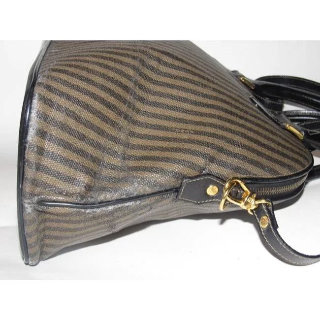 Fendi Xl Canvasleather Domed Top Two Way Brownblack Thin Stripe Print Leather And Coated Canvas Satc
