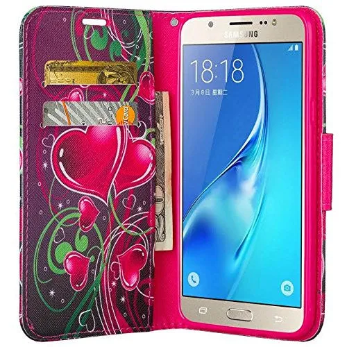 Galaxy J7 2016 Case, Magnetic Fold[Kickstand] Pu Leather Wrist Strap Wallet Case with ID & Credit Card Slot for Samsung Galaxy J7 2016 / J710 - Heart Strings