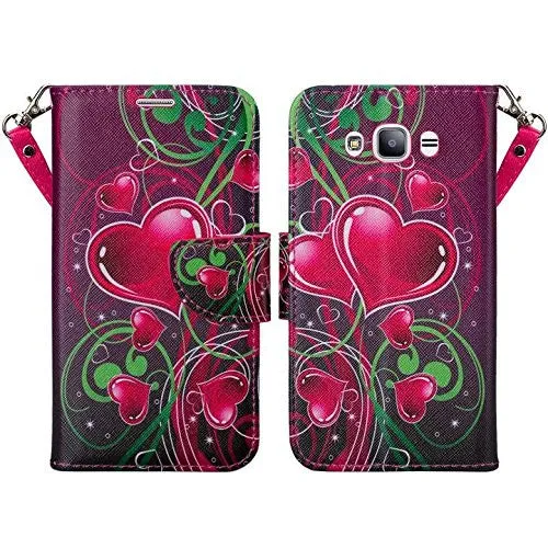 Galaxy J7 2016 Case, Magnetic Fold[Kickstand] Pu Leather Wrist Strap Wallet Case with ID & Credit Card Slot for Samsung Galaxy J7 2016 / J710 - Heart Strings
