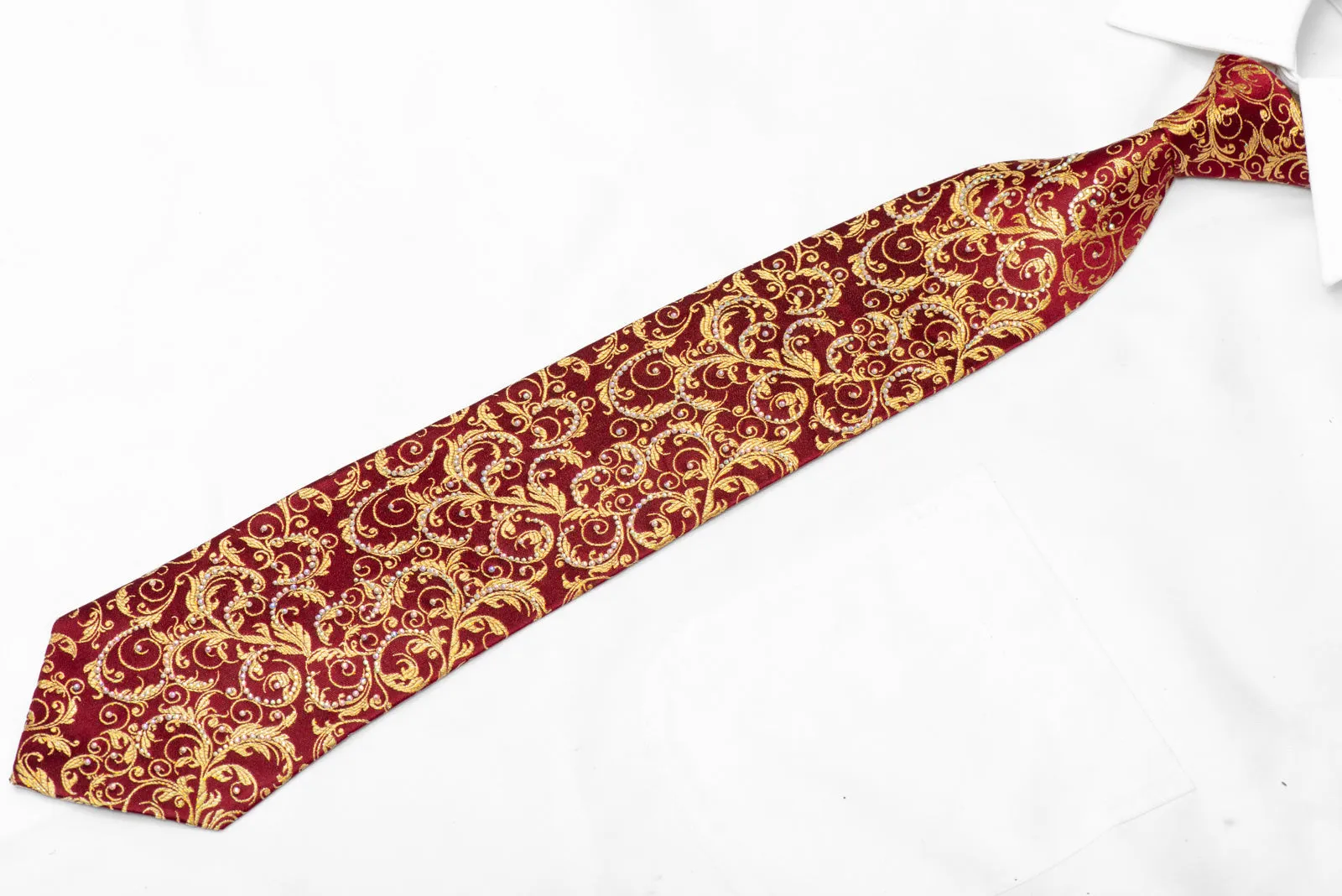 Gold Acanthus On Burgundy Rhinestone Silk Necktie With Gold Sparkles