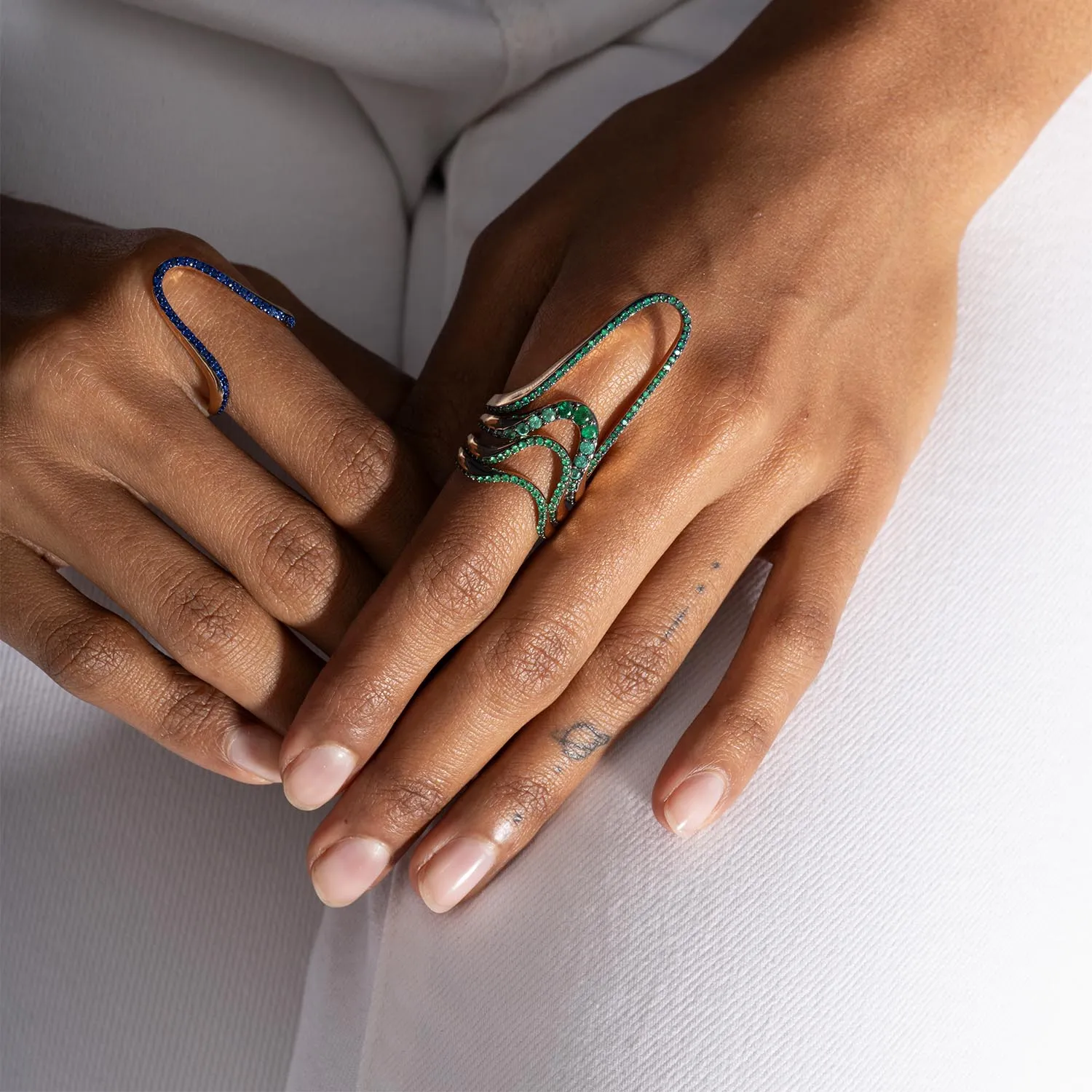 Grand Aura Ring  | Half pavé, rose gold & emeralds