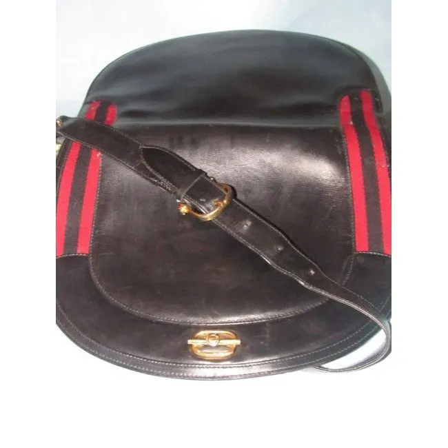Gucci One Of A Kindearly Supple Black Leather With Navy And Red Stripe Accents Canvas Shoulder Bag