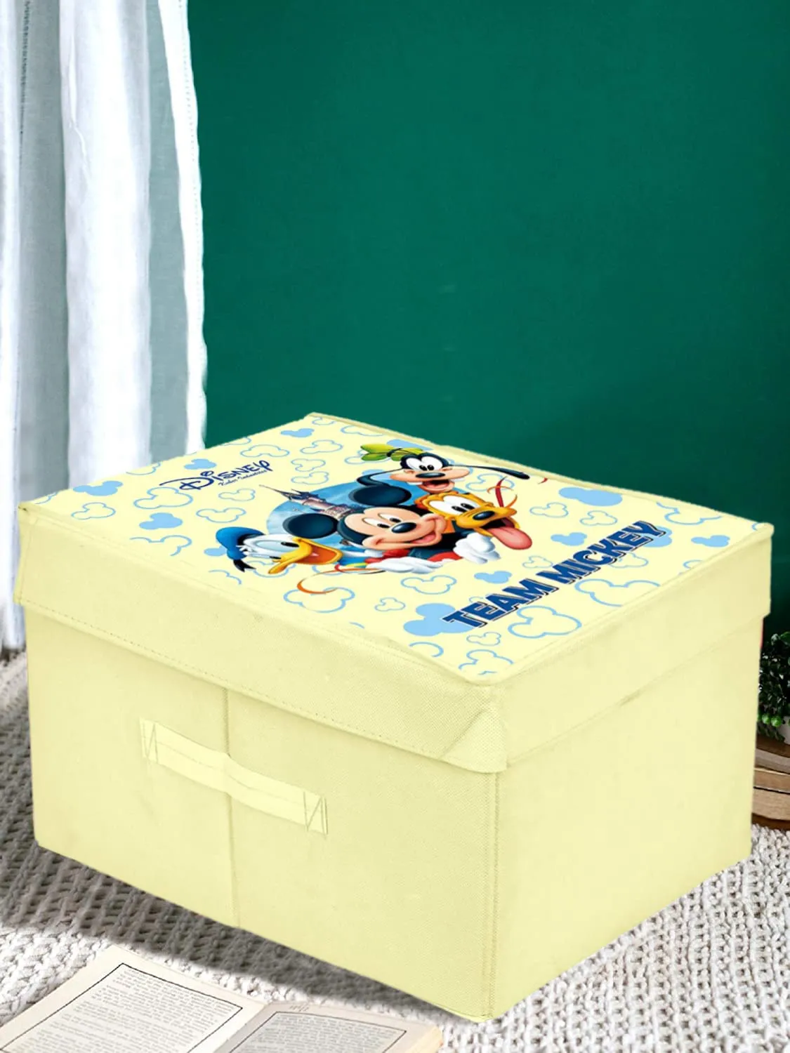 Heart Home Disney Team Mickey Printed Flodable Storage Box/Organizer For Toys, Cloths And Books With Lid & Handle (Cream)-HS43HEARTH26575