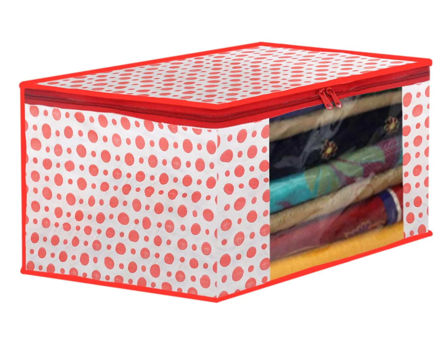 Heart Home Dot Printed Foldable, Lightweight Non-Woven Saree Cover/Organizer With Tranasparent Window- Pack of 12 (Pink)-46HH0489