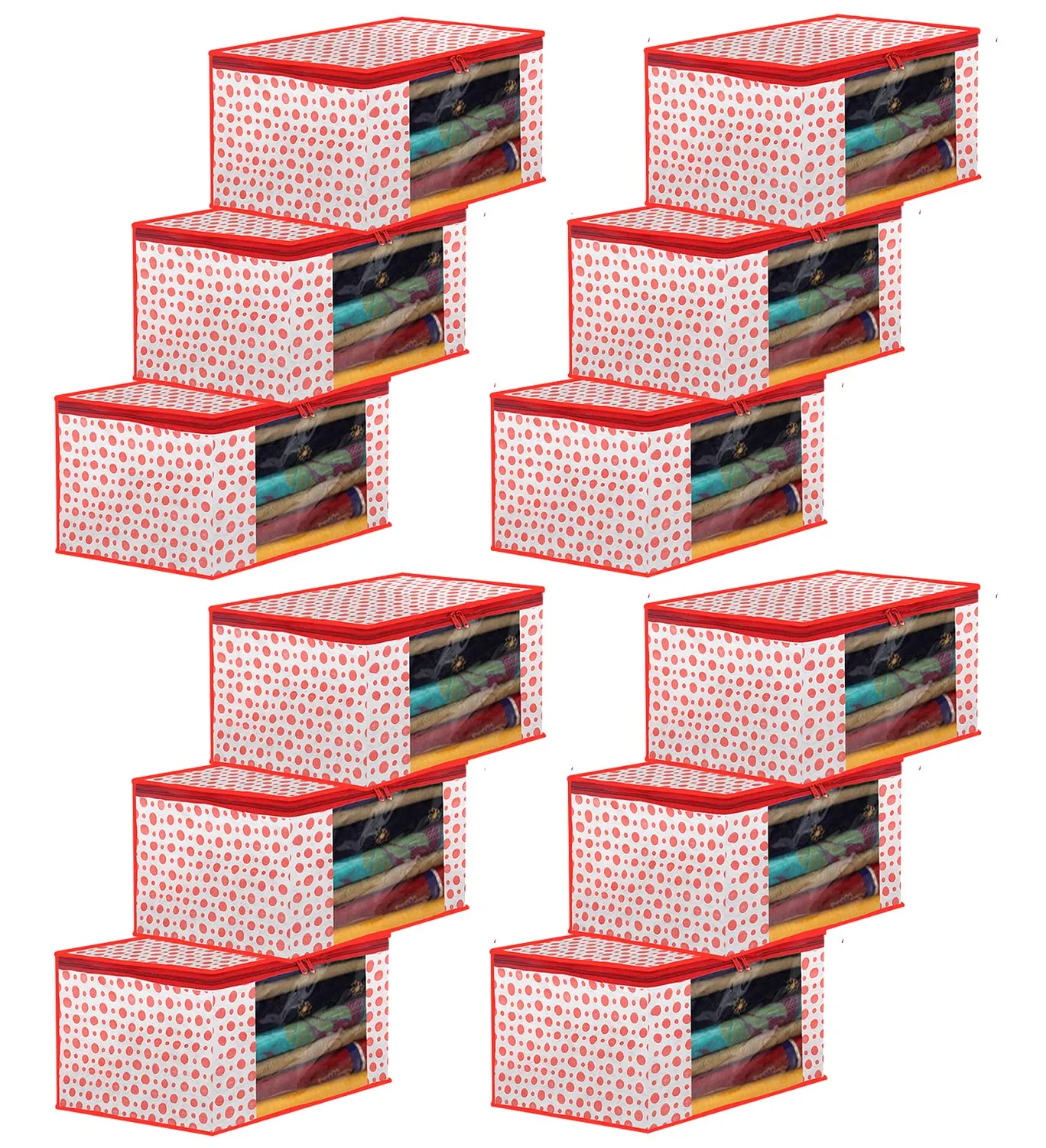 Heart Home Dot Printed Foldable, Lightweight Non-Woven Saree Cover/Organizer With Tranasparent Window- Pack of 12 (Pink)-46HH0489