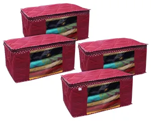 Heart Home Multiuses Foldable Parachute Saree Covers/Clothes Storage Bag/Wardrobe Organizer With Transparent Window- Pack of 4 (Maroon)