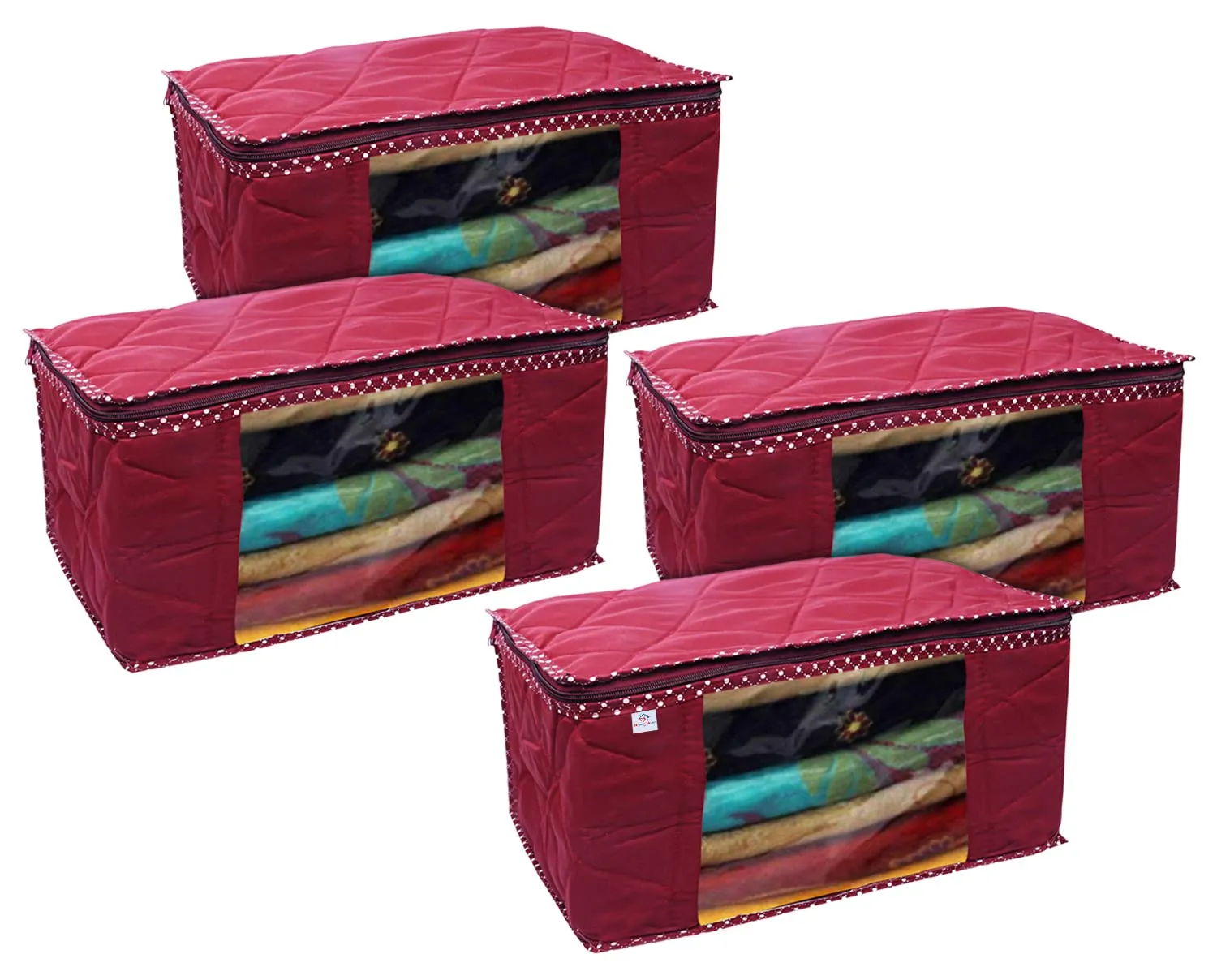 Heart Home Multiuses Foldable Parachute Saree Covers/Clothes Storage Bag/Wardrobe Organizer With Transparent Window- Pack of 4 (Maroon)