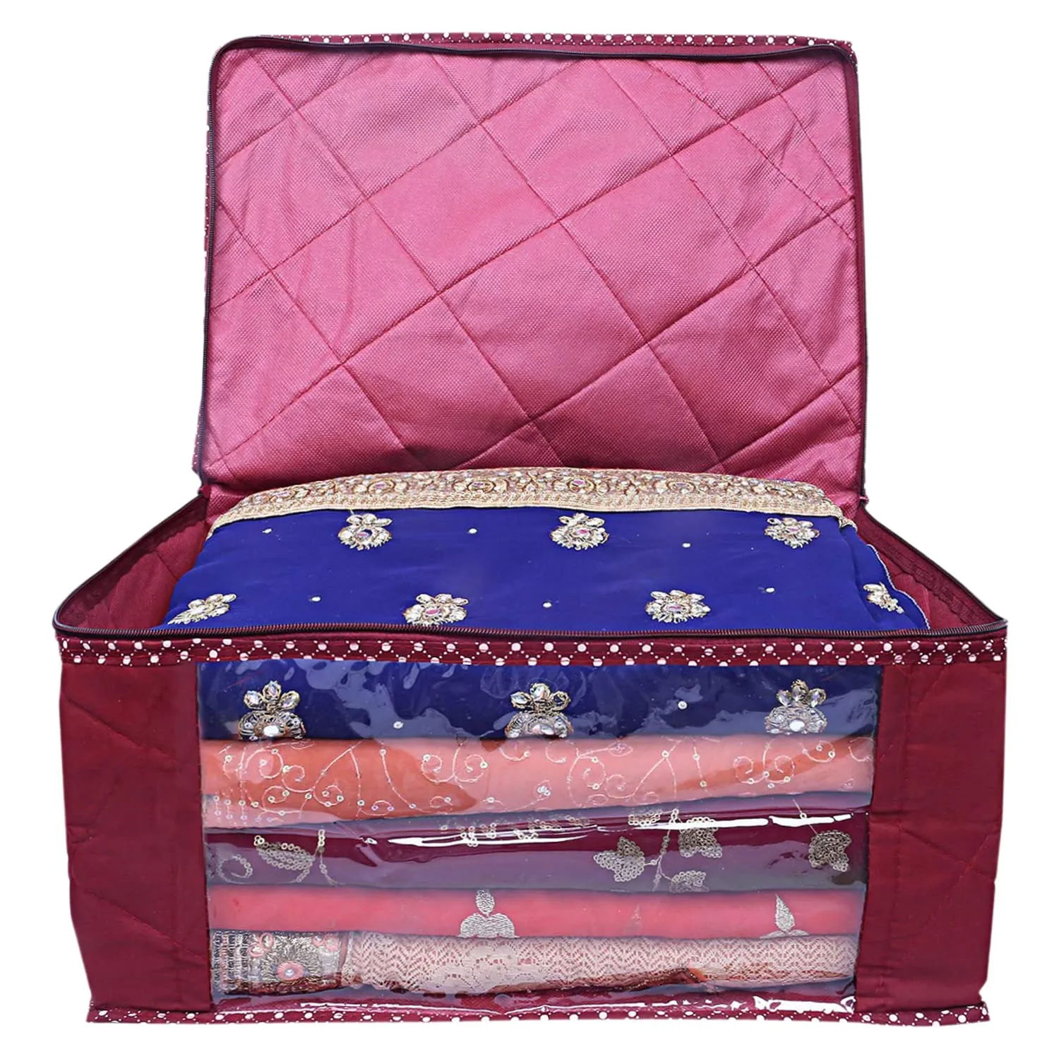 Heart Home Multiuses Foldable Parachute Saree Covers/Clothes Storage Bag/Wardrobe Organizer With Transparent Window- Pack of 4 (Maroon)