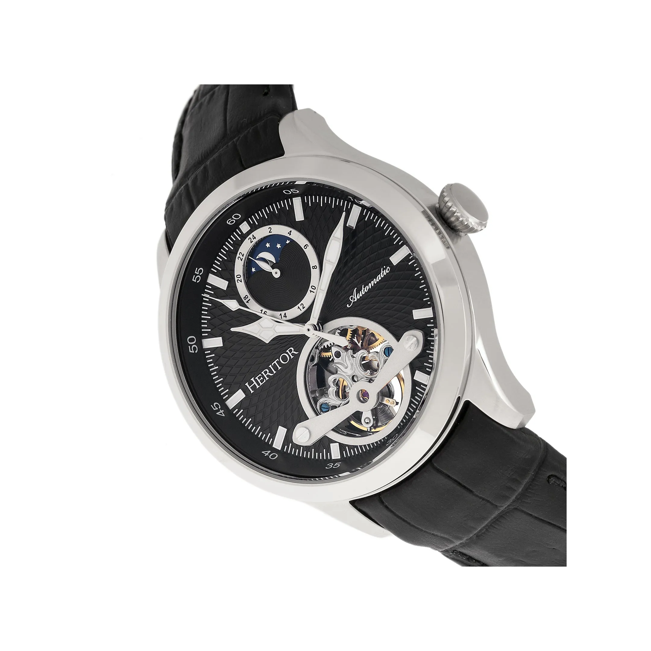 Heritor Automatic Gregory Semi-Skeleton Leather-Band Watch - Black