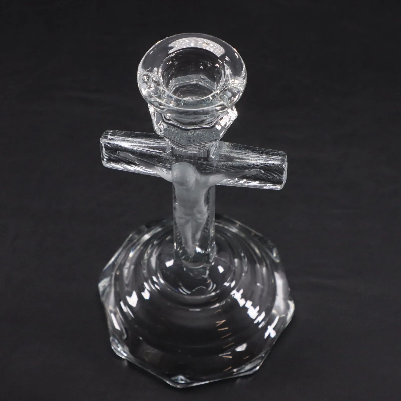 Homco INRI Jesus on Crucifix Glass Candlestick Holder 7 1/4" Vintage