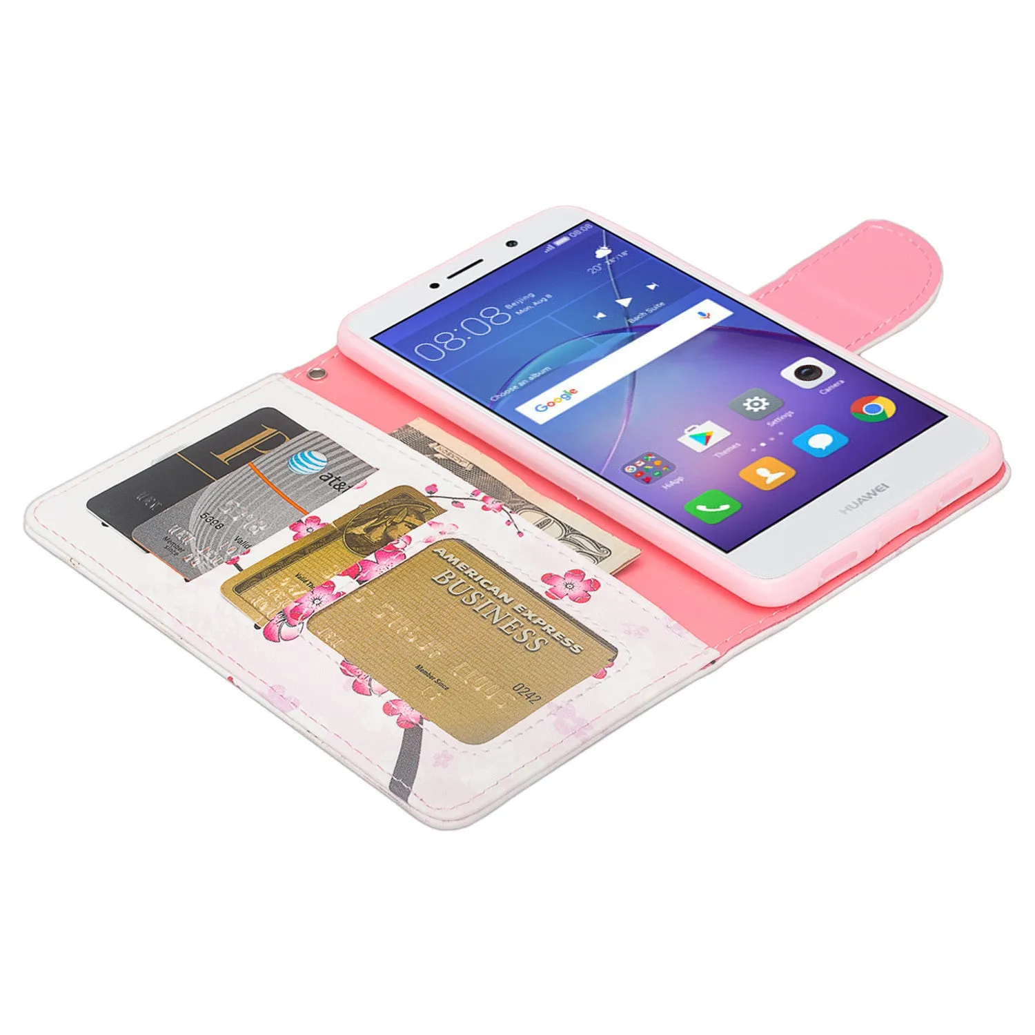 Huawei Mate 9 Lite, Honor 6X, GR5 2017  Wrist Strap Pu Leather Magnetic Flip Fold[Kickstand] Wallet Case with ID & Card Slots for Mate 9 Lite - Cherry Blossom