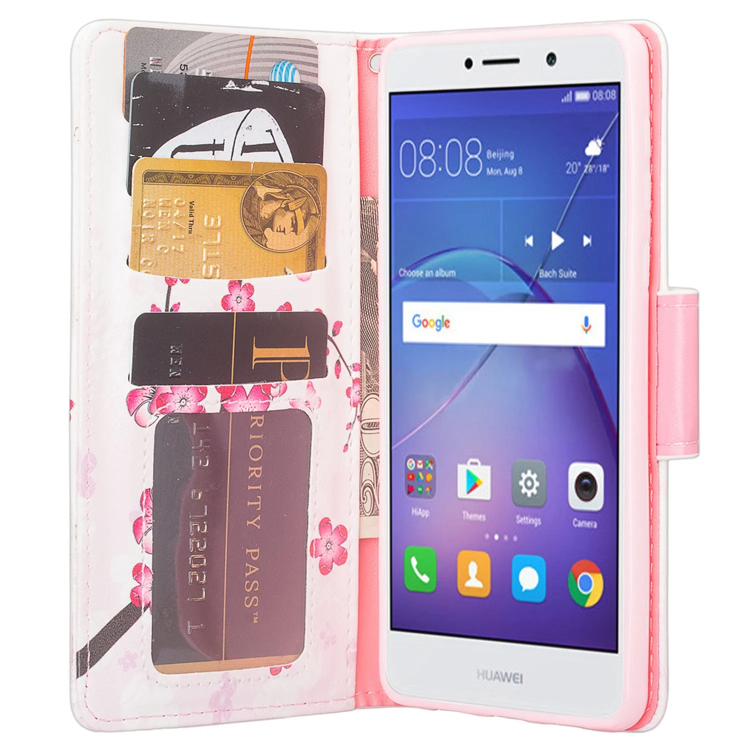 Huawei Mate 9 Lite, Honor 6X, GR5 2017  Wrist Strap Pu Leather Magnetic Flip Fold[Kickstand] Wallet Case with ID & Card Slots for Mate 9 Lite - Cherry Blossom