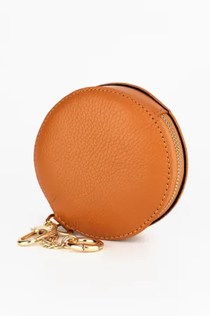 Italian Leather Round Clip-On Coin Purse in Tan