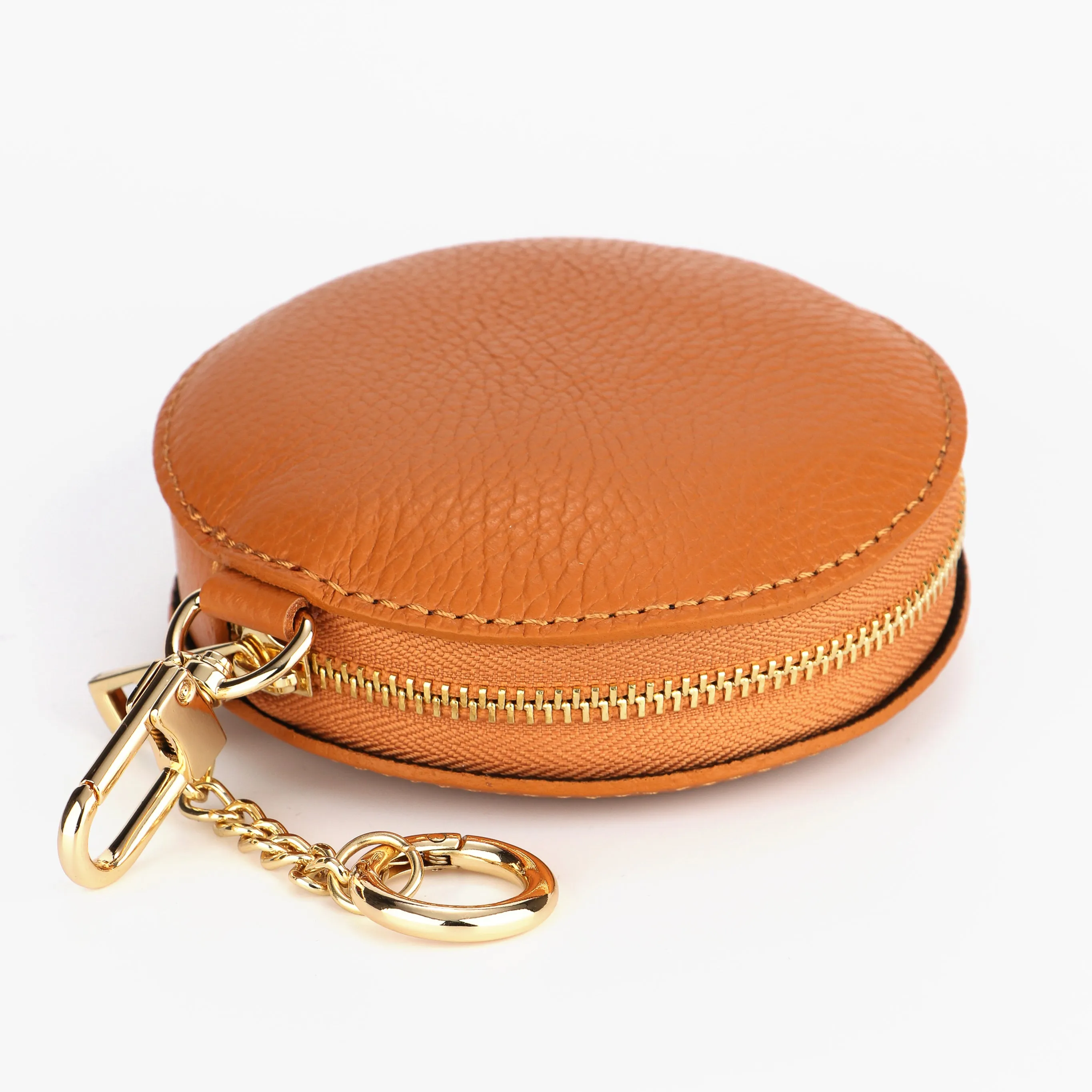 Italian Leather Round Clip-On Coin Purse in Tan