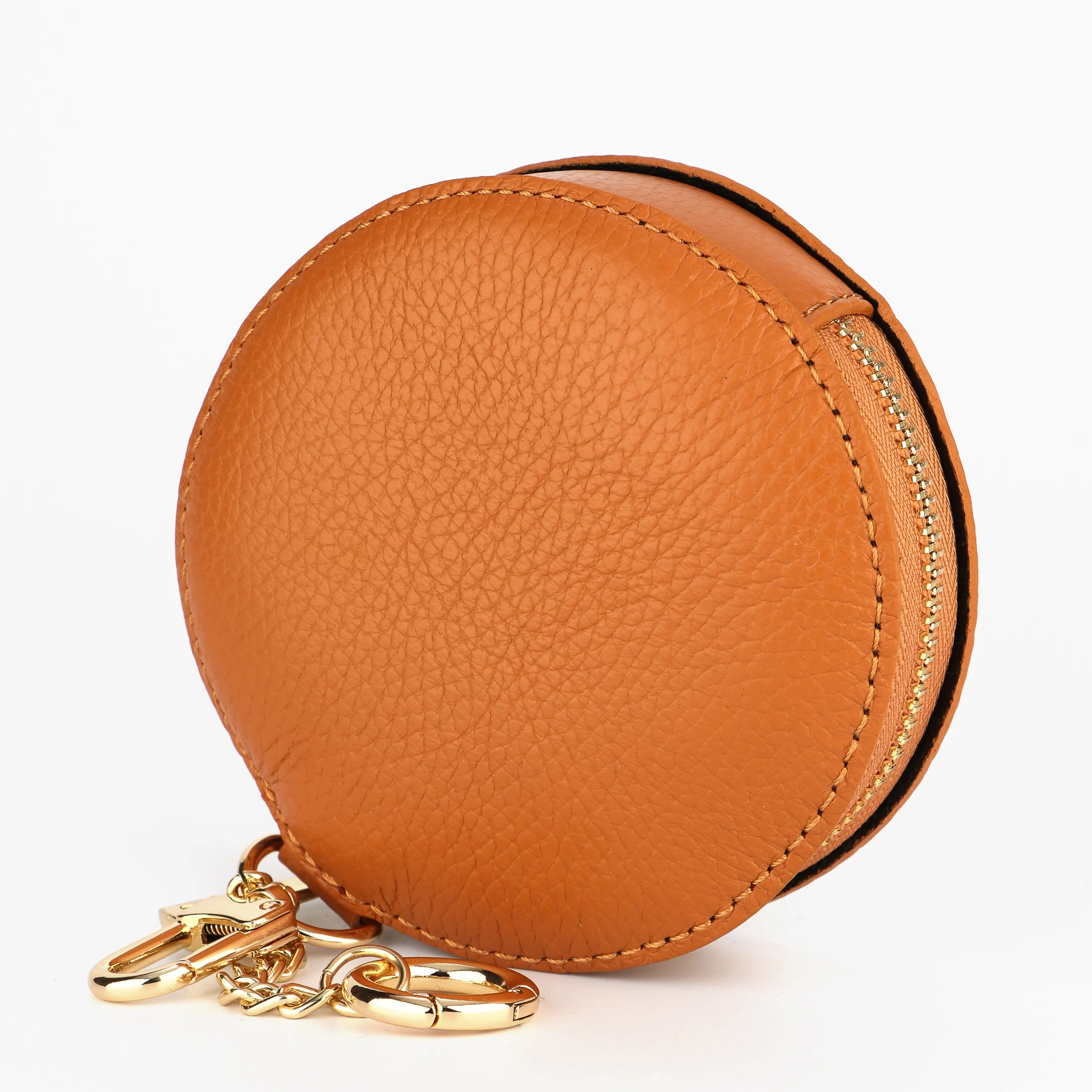 Italian Leather Round Clip-On Coin Purse in Tan