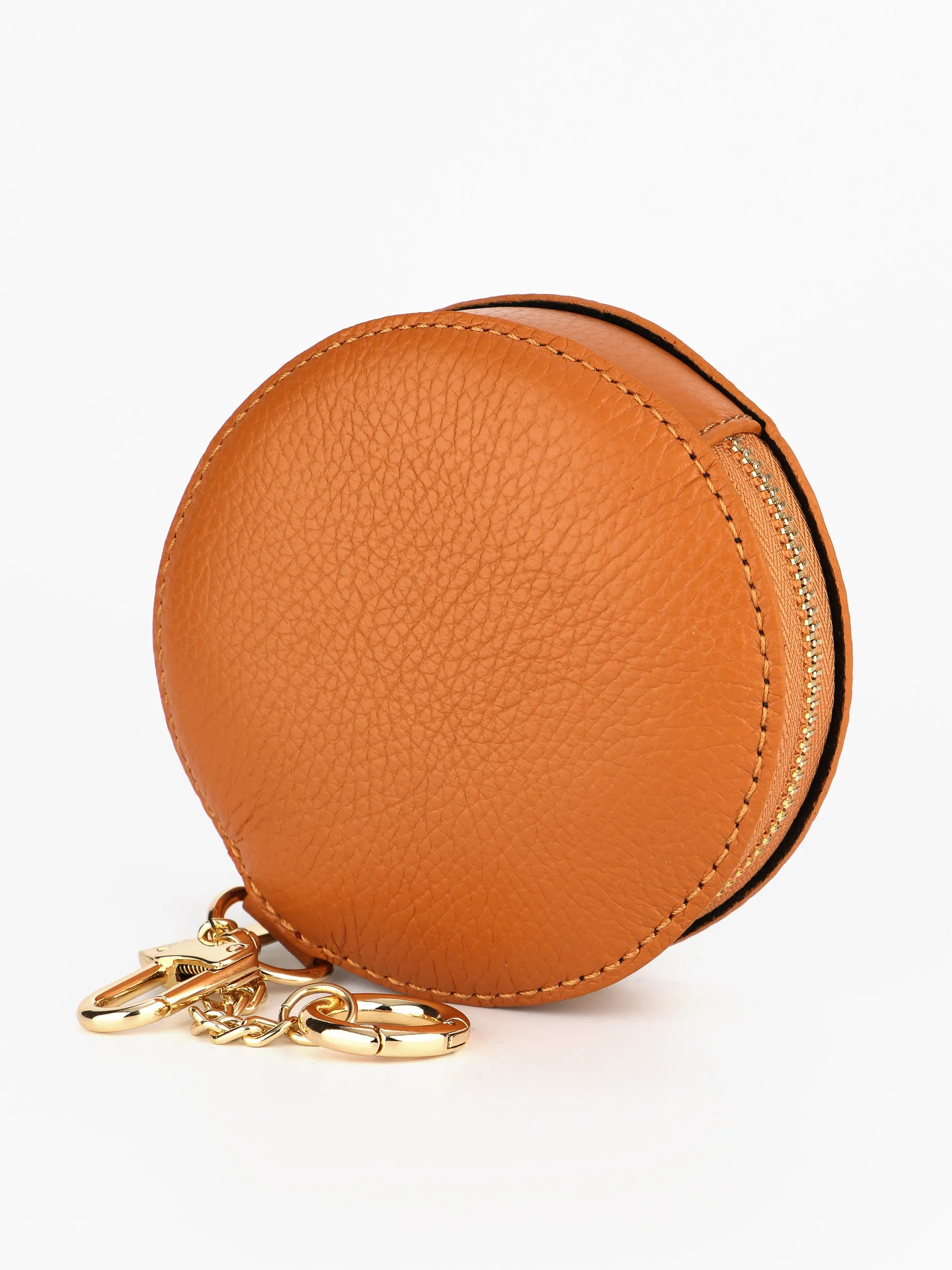 Italian Leather Round Clip-On Coin Purse in Tan