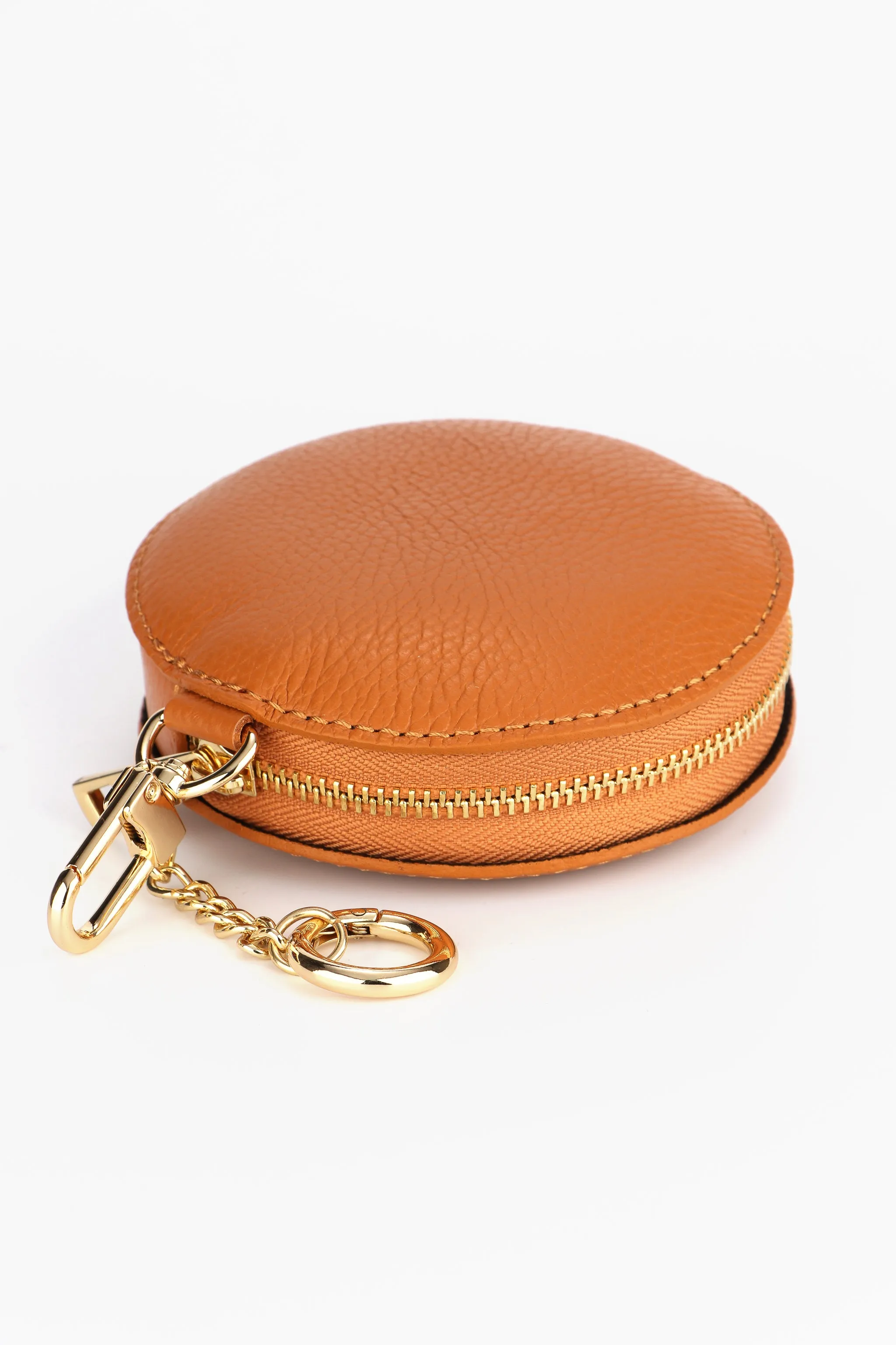 Italian Leather Round Clip-On Coin Purse in Tan