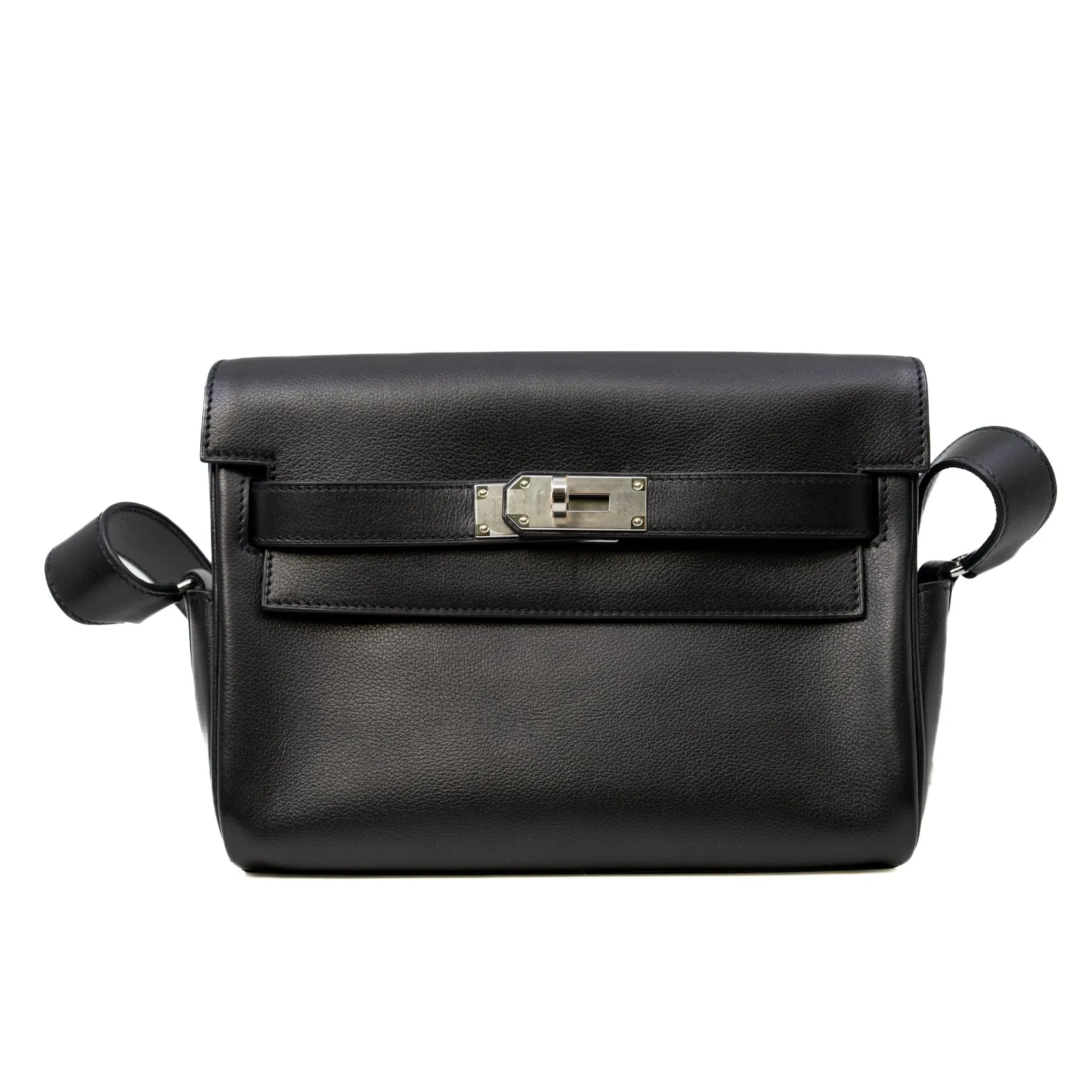 Kelly Messenger PM Bag In Black Evergrain Leather PHW W Stamp