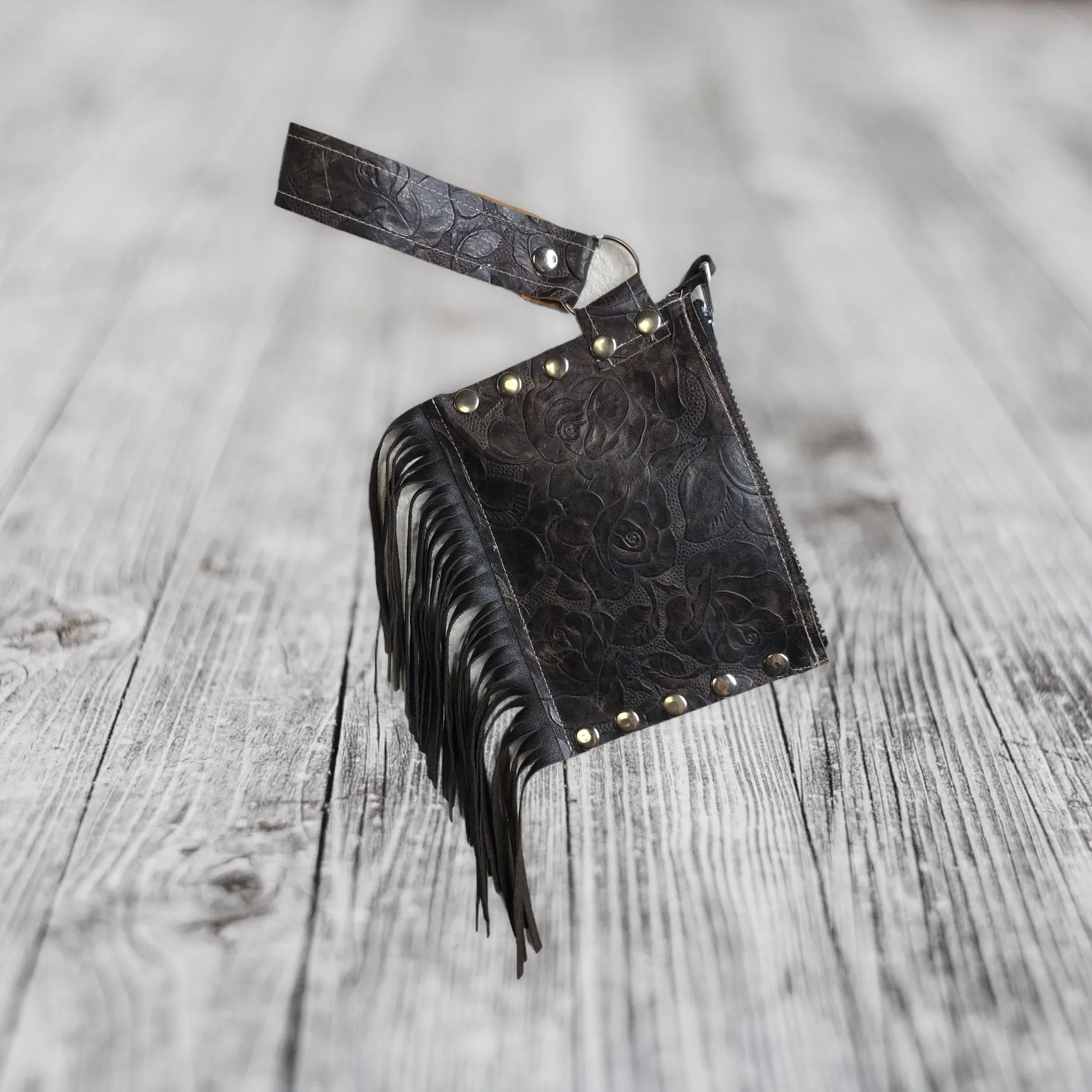 “La Rosa” Fringe Leather Wristlet Clutch Leather Embossed Roses