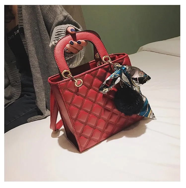 Ladies Handbag small Ribbon Hair ball Shoulder bags for women Tote bag PU Leather female Messenger bag Brand Designer bolsa red