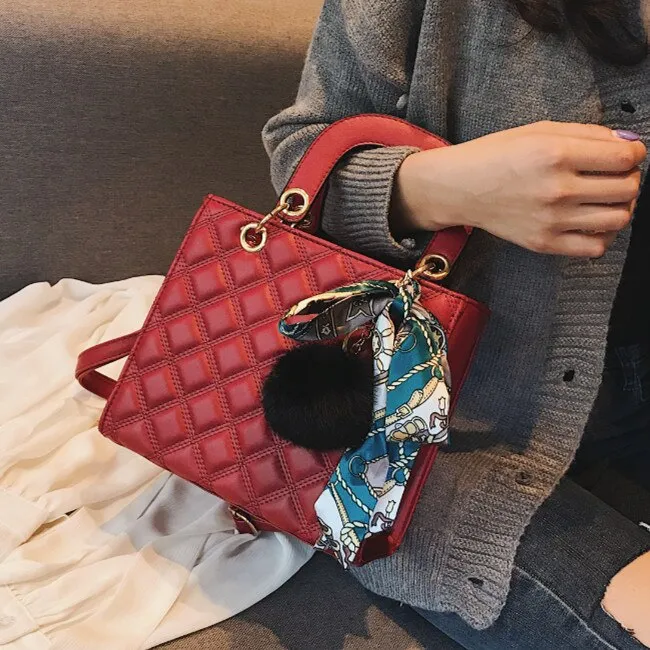 Ladies Handbag small Ribbon Hair ball Shoulder bags for women Tote bag PU Leather female Messenger bag Brand Designer bolsa red