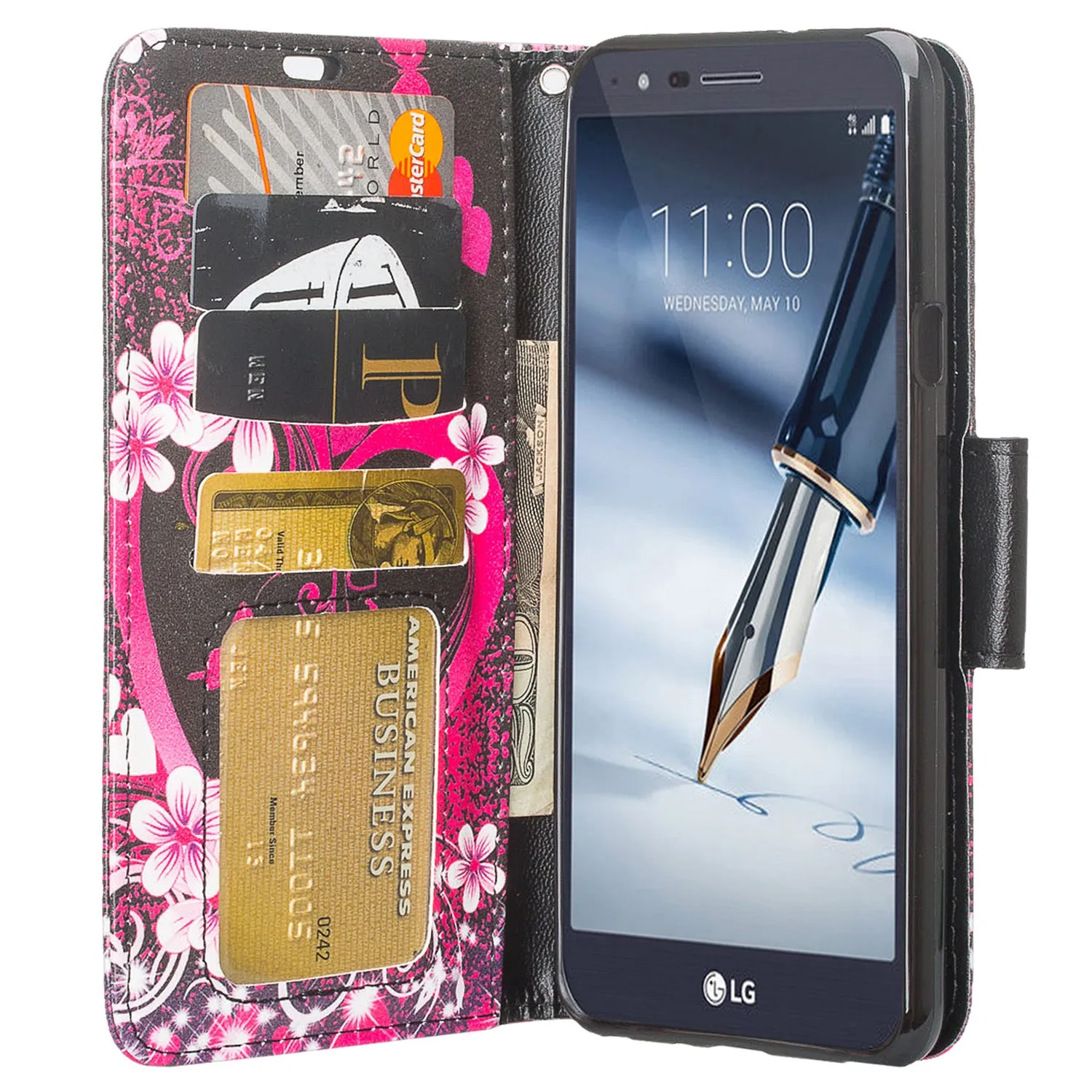 LG Prime 2  Case,Aristo 4 /Aristo 4 Plus  Wallet Case, Wrist Strap Pu Leather Wallet Case [Kickstand] with ID & Credit Card Slots - Heart Butterflies
