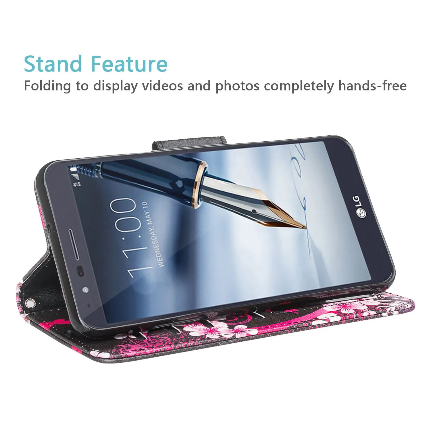 LG Prime 2  Case,Aristo 4 /Aristo 4 Plus  Wallet Case, Wrist Strap Pu Leather Wallet Case [Kickstand] with ID & Credit Card Slots - Heart Butterflies