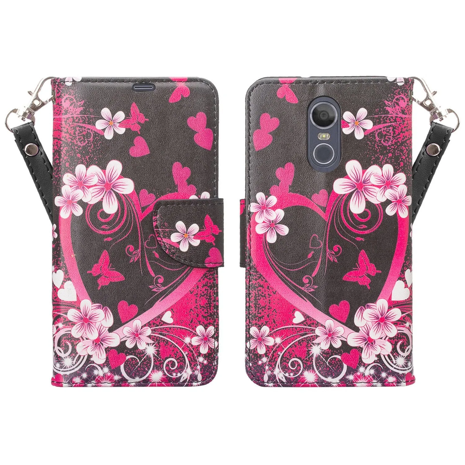 LG Prime 2  Case,Aristo 4 /Aristo 4 Plus  Wallet Case, Wrist Strap Pu Leather Wallet Case [Kickstand] with ID & Credit Card Slots - Heart Butterflies