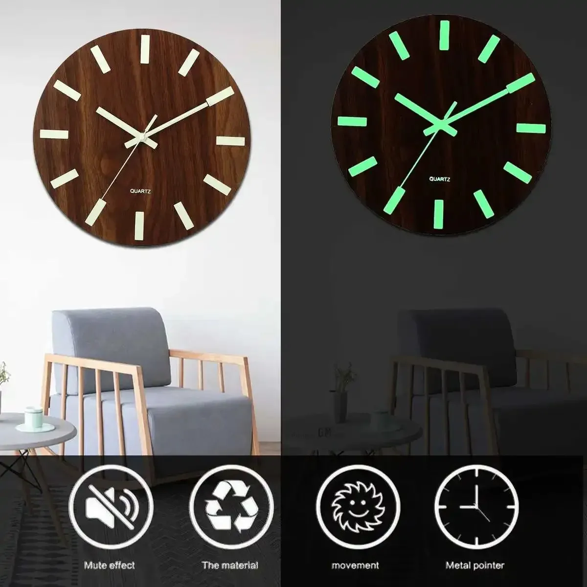 Luminous Clock Silent Wood