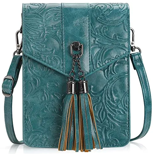 MEITRUE Women Phone Purse Bag Small Crossbody Bags Ladies Mini Cell phone Purse Wallet Tassels Embossed Bag for Girls (0-Peacock-blue)