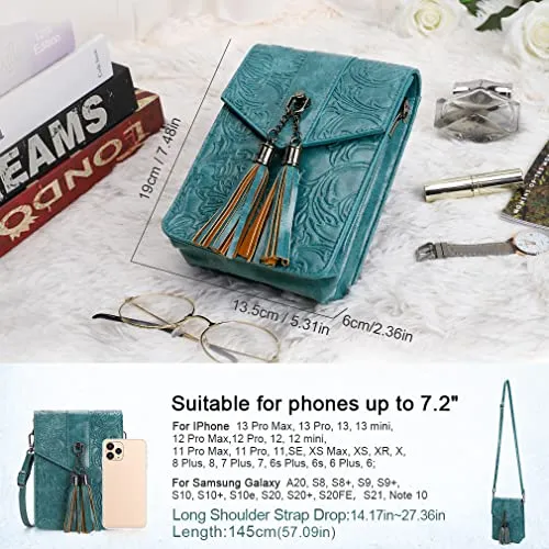 MEITRUE Women Phone Purse Bag Small Crossbody Bags Ladies Mini Cell phone Purse Wallet Tassels Embossed Bag for Girls (0-Peacock-blue)