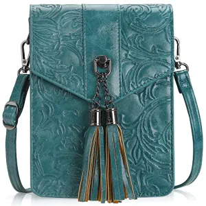 MEITRUE Women Phone Purse Bag Small Crossbody Bags Ladies Mini Cell phone Purse Wallet Tassels Embossed Bag for Girls (0-Peacock-blue)