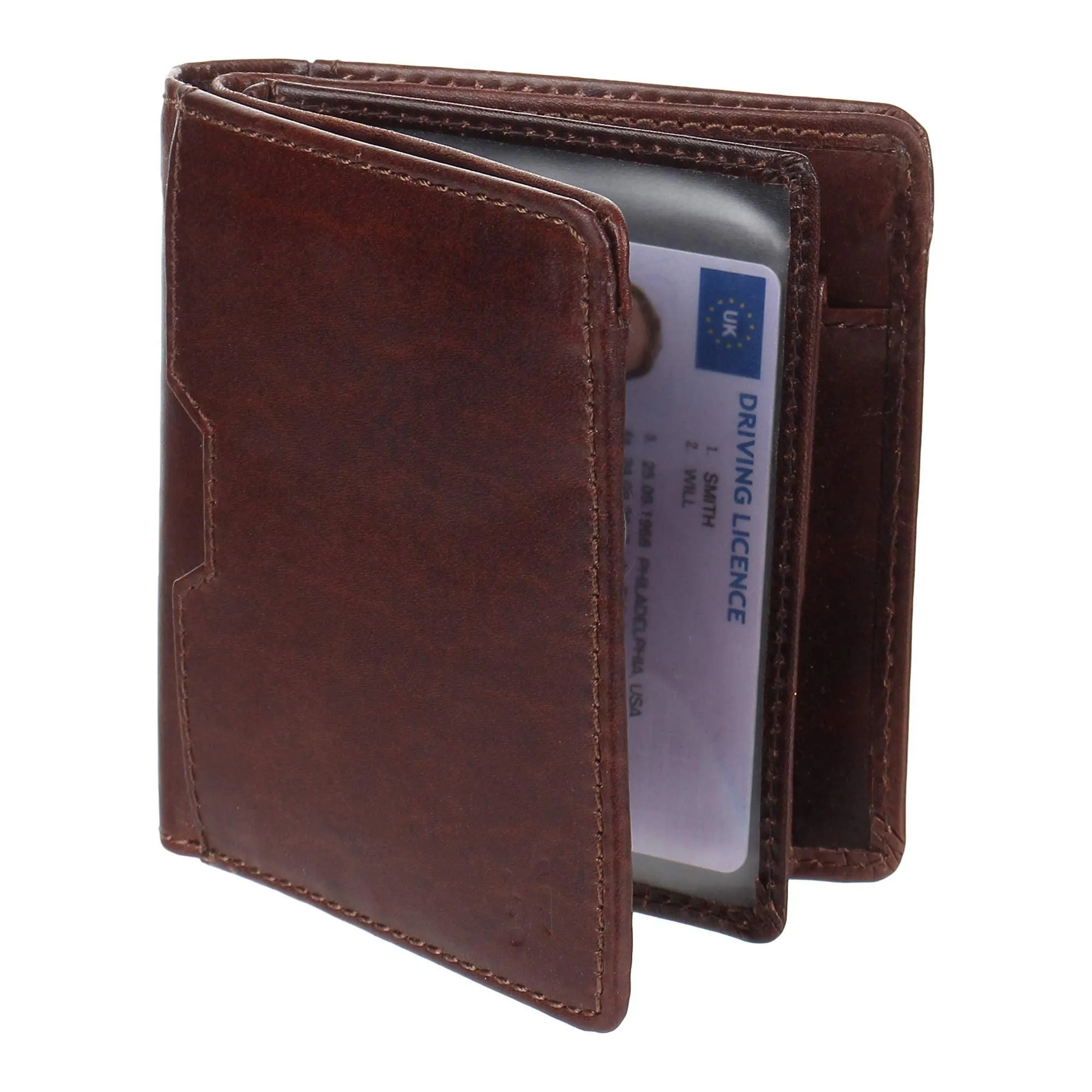 Mens Designer RFID Blocking Smooth Genuine Oiled Leather Trifold Wallet Purse Credit Debit ID Card Holder 735 Brown