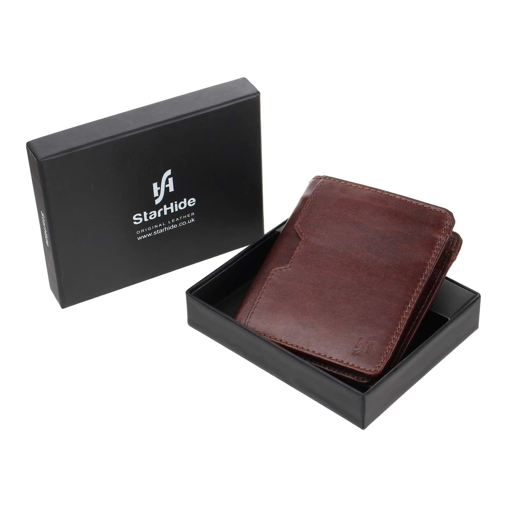 Mens Designer RFID Blocking Smooth Genuine Oiled Leather Trifold Wallet Purse Credit Debit ID Card Holder 735 Brown
