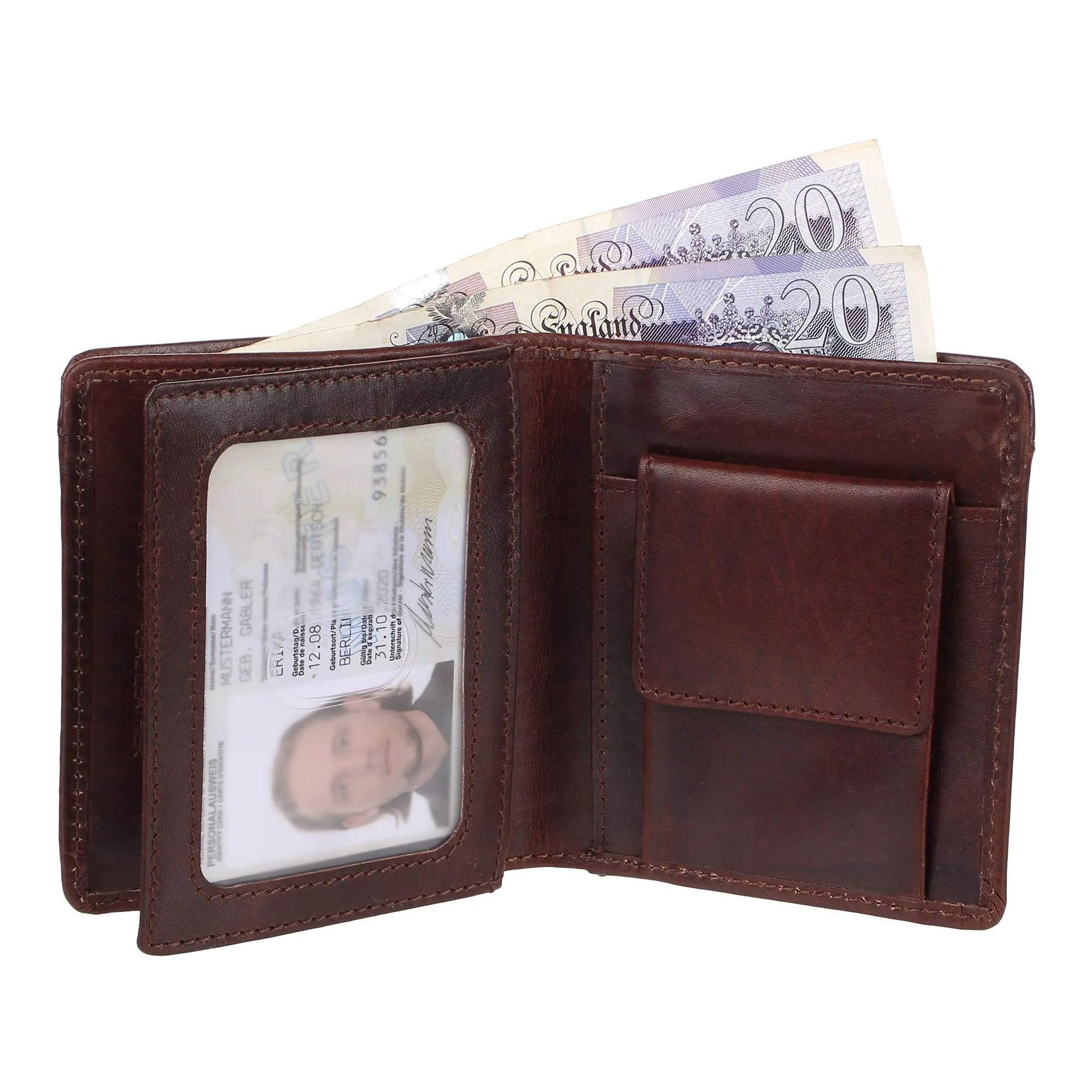 Mens Designer RFID Blocking Smooth Genuine Oiled Leather Trifold Wallet Purse Credit Debit ID Card Holder 735 Brown