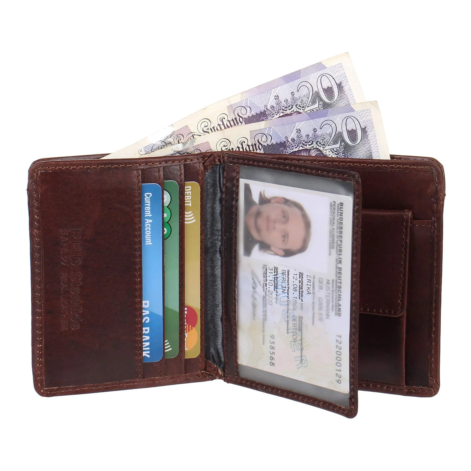 Mens Designer RFID Blocking Smooth Genuine Oiled Leather Trifold Wallet Purse Credit Debit ID Card Holder 735 Brown