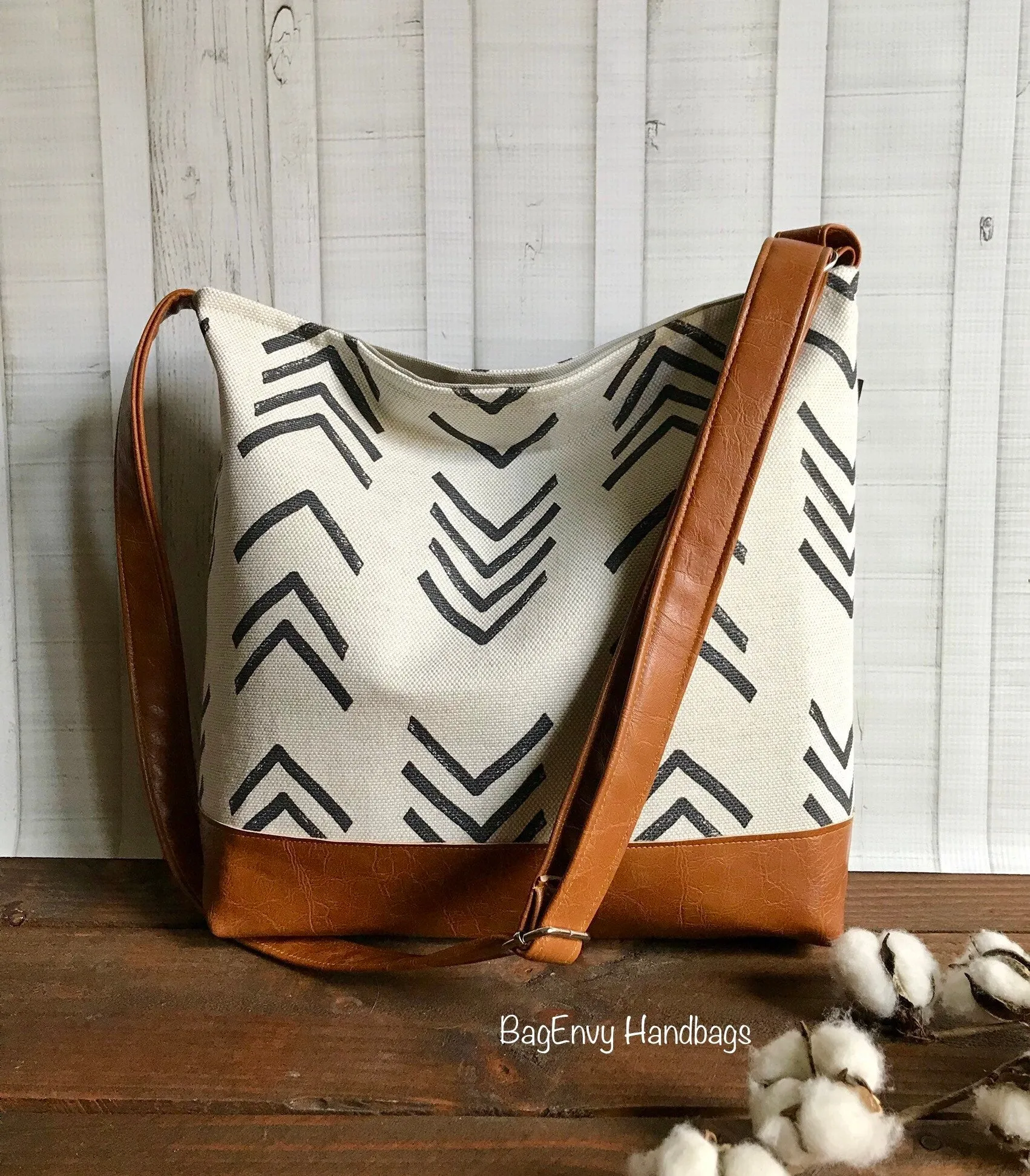 Messenger Slouchy Tote - Peaks Mudcloth  with Vegan Leather - Adjustable Strap