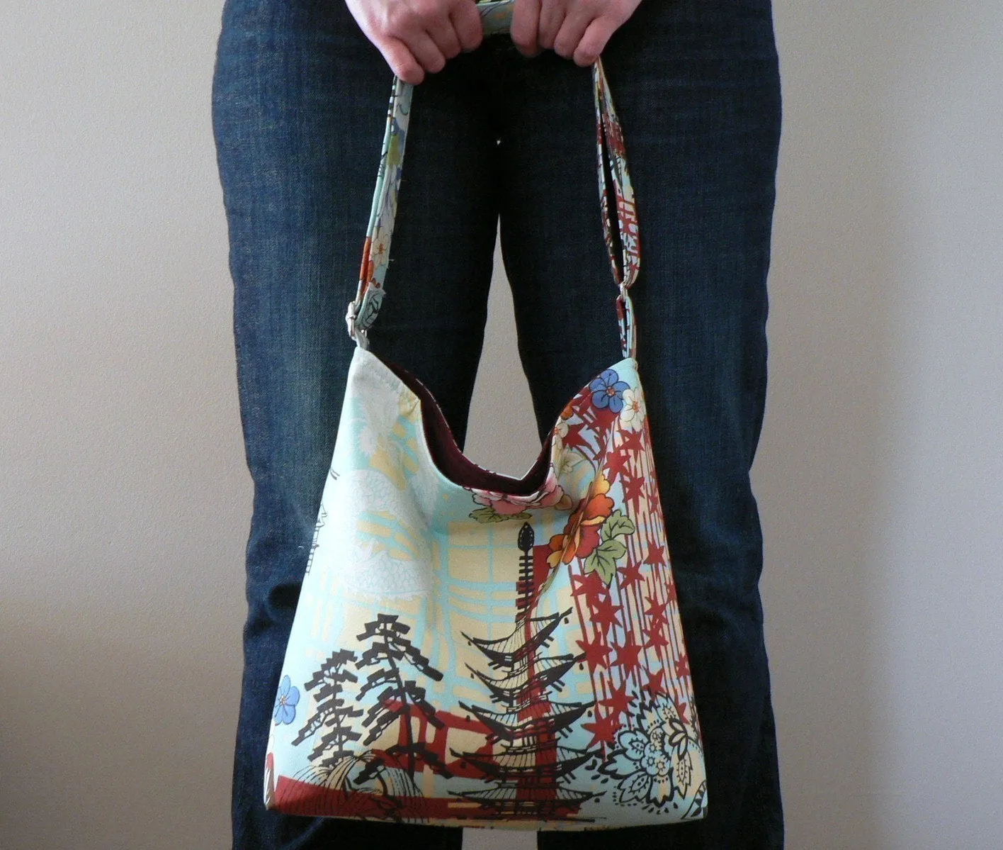 Messenger Slouchy Tote - Peaks Mudcloth  with Vegan Leather - Adjustable Strap