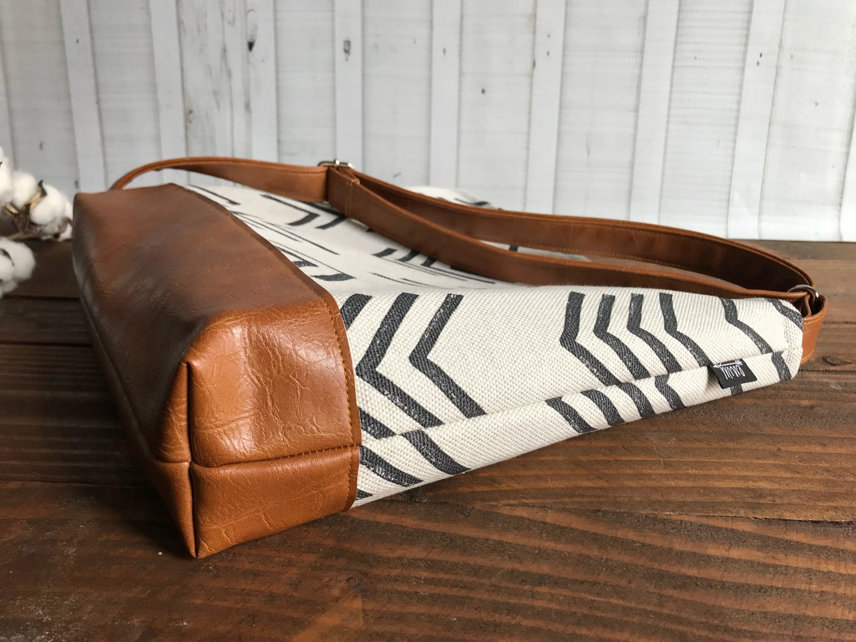 Messenger Slouchy Tote - Peaks Mudcloth  with Vegan Leather - Adjustable Strap