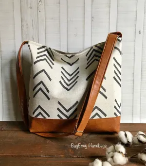 Messenger Slouchy Tote - Peaks Mudcloth  with Vegan Leather - Adjustable Strap
