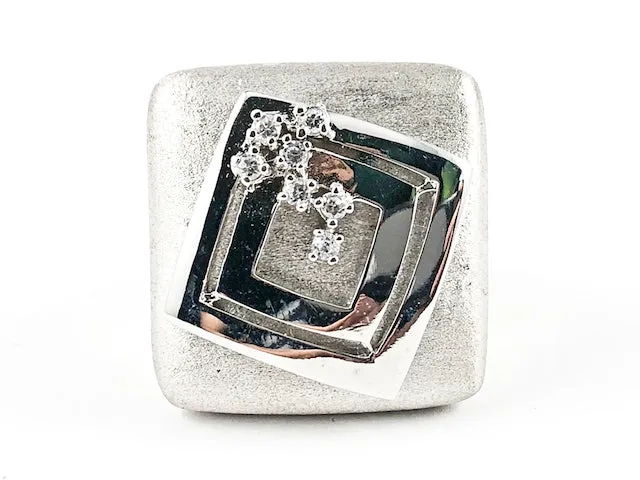 Nice Square Shape Center Diamond Shape Metallic Design Matte Brush Finish Silver Tone Brass Ring