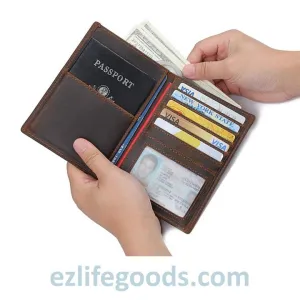 Passport Wallet, Crazy Horse Leather Travel Wallet for Men with Cardholders